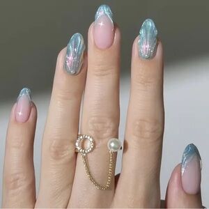 3D Celestial Mermaid 24 Piece Blue and Pink Press On Nail Set. New.